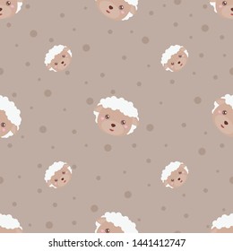 Childish seamless pattern cute animal sheep on brown background with dots. Vector illustration for kid. Pattern suitable for posters, postcards, fabric or wrapping paper.