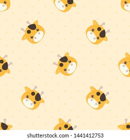 Childish seamless pattern cute animal giraffe on oranges background with dots. Vector illustration for kid. Pattern suitable for posters, postcards, fabric or wrapping paper.