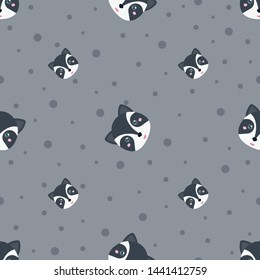 Childish seamless pattern cute animal raccoon on grey background with dots. Vector illustration for kid. Pattern suitable for posters, postcards, fabric or wrapping paper.