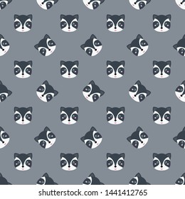 Childish seamless pattern cute animal raccoon on grey background. Vector illustration for kid. Pattern suitable for posters, postcards, fabric or wrapping paper.