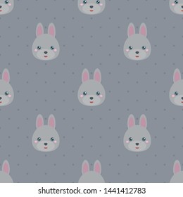 Childish seamless pattern cute animal rabbit on grey background with dots. Vector illustration for kid. Pattern suitable for posters, postcards, fabric or wrapping paper.