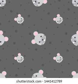 Childish seamless pattern cute animal mouse on grey background with dots. Vector illustration for kid. Pattern suitable for posters, postcards, fabric or wrapping paper.