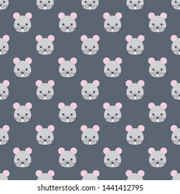 Childish seamless pattern cute animal mouse on grey background. Vector illustration for kid. Pattern suitable for posters, postcards, fabric or wrapping paper.