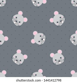 Childish seamless pattern cute animal mouse on grey background with dots. Vector illustration for kid. Pattern suitable for posters, postcards, fabric or wrapping paper.