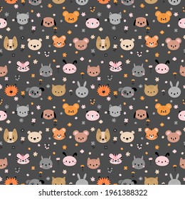 Childish seamless pattern with cute animal faces. Creative baby texture for fabric, nursery, textile, clothes. Flat design. Vector illustration