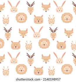 Childish seamless pattern with cute animal heads. Drawn pattern with hare, bear, deer, fox, lion and giraffe. Kid's boho style. Scandinavian style.Vector illustration.