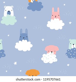 Childish seamless pattern with cute animals and clouds. Vector hand drawn illustration.