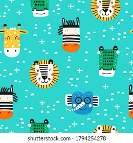 Childish seamless pattern with cute animals. Vector texture in childish style great for fabric and textile, wallpapers, wrapping, backgrounds.