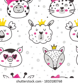 Childish seamless pattern with cute animals. Perfect for kids apparel, textile, nursery decoration and wrapping paper