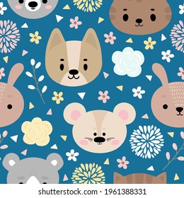 Childish seamless pattern with cute animals. Floral background. Creative baby texture for nursery, fabric, textile, clothes. Vector illustration