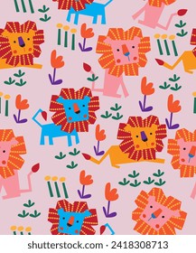 Childish seamless pattern with cute animals in Scandinavian style. Vector Illustration. Kids illustration for nursery design. Great for baby clothes, greeting card, wrapping paper.