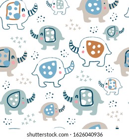 Childish seamless pattern with cute art elephants.
