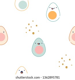 Childish seamless pattern with cute avocados and glitter gold dots. Vector hand drawn illustration.