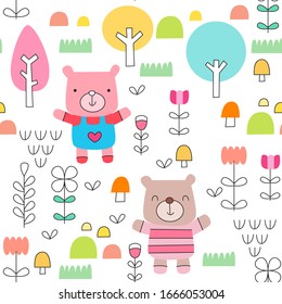 Childish seamless pattern with cute baby bear