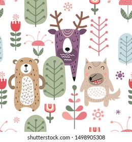 Childish seamless pattern with cute bear, deer and wolf in Scandinavian style. Vector Illustration. Kids illustration for nursery design. Great for baby clothes, greeting card, wrapping paper.