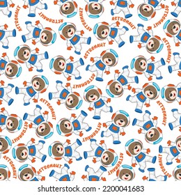 Childish seamless pattern with cute bear astronaut on space. Can be used for t-shirt print, Creative vector childish background for fabric textile, nursery wallpaper and other decoration.