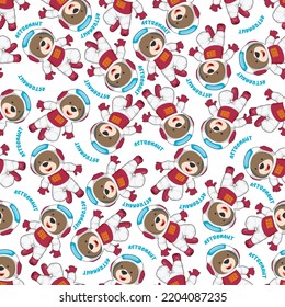 Childish seamless pattern with cute bear astronaut on space. Can be used for t-shirt print, Creative vector childish background for fabric textile, nursery wallpaper and other decoration.