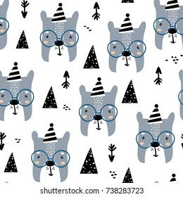 Childish seamless pattern with cute bear faces, mountains and arrows. Trendy scandinavian vector background. Perfect for kids apparel,fabric, textile, nursery decoration,wrapping paper