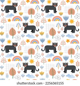 Childish seamless pattern with cute black panther and rainbow. Can be used for kids apparel, fabric, textile, and wrapping paper. Vector illustration background.