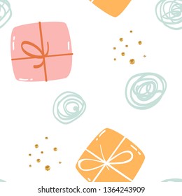Childish seamless pattern with cute box gift, glitter gold dots and doodles. Vector hand drawn illustration.