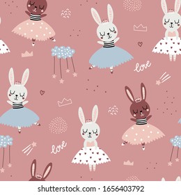 Childish seamless pattern with cute bunnies ballerinas. Creative vector childish background for fabric, textile