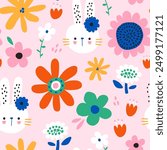 Childish seamless pattern with cute bunny and flowers. Kids repeated print with rabbit and botanical elements. Vector illustration