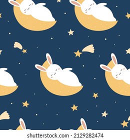 Childish seamless pattern with cute bunny sleeping on moon. Funny cartoon rabbits and stars on dark blue background. Vector illustration.