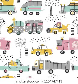 Childish seamless pattern with cute cars, lion, elephant and dinosaurs. Perfect for kids fabric, textile, nursery wallpaper. Vector Illustration. Scandinavian style. Pastel colors.