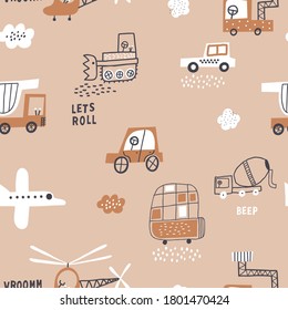 Childish seamless pattern with cute cars, trucks and air transport. Perfect for kids fabric, textile, nursery wallpaper. Vector Illustration. Pastel colors.