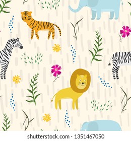 Childish seamless pattern with cute cartoon jungle animals, flowers and grass. Funny hand drawn texture with zebra, lion, elephant for kids design, wallpaper, textile, wrapping paper