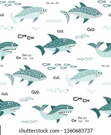 Childish seamless pattern with cute cartoon shark and waves. Scandinavian style. Vector hand drawn sea background for kids.Perfect for fabric, textile. Vector background. Pastel colors