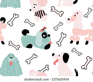 Childish seamless pattern with cute cartoon dogs and The bone. Scandinavian style. Vector hand drawn animal background for kids.Perfect for fabric, textile. Vector background. Pastel colors
