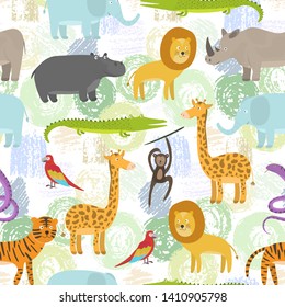 Childish seamless pattern with cute cartoon jungle animals on grunge shapes background. Funny hand drawn texture with zebra, lion, giraffe for kids design, wallpaper, textile, wrapping paper