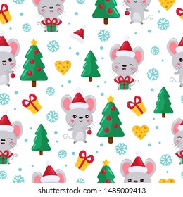 Childish seamless pattern. Cute cartoon kawaii mouse with Christmas tree and gifts. Chinese New Year symbol - rat. Winter background for kids.