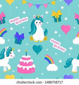 Childish seamless pattern. Cute cartoon unicorns with birthday cake and gifts. Vector illustration for kids. Kawaii cartoon character. Rainbow and cloud.