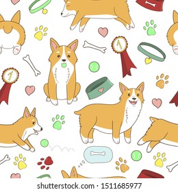 Childish seamless pattern. Cute cartoon Welsh Corgi puppy. Dog care objects. Vector characters. For nursery.