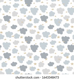Childish seamless pattern with cute cartoon clouds and stars, vector. Good for textile, fabric, wallpaper, nursery decoration and more