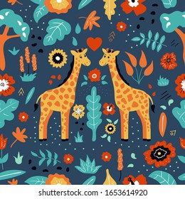 Childish seamless pattern. Cute cartoon doodle couple of giraffe. Exotic tropical plants and flowers. Hand drawn vector illustration.