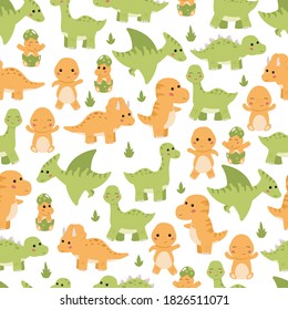 Childish seamless pattern with cute cartoon dinosaurs - Diplodocus, Tyrannosaurus Rex, Stegosaurus and Pterodactyl. Kawaii characters. Baby dinosaur in egg.