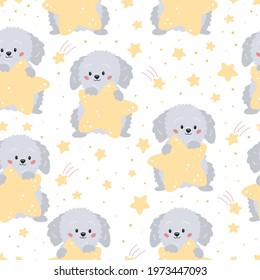 Childish seamless pattern with cute cartoon grey dog and yellow stars on white background. Vector characters. Ideal for textile, wallpaper and print.