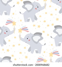 Childish seamless pattern with cute cartoon elephants and magic wand. Wallpaper for nursery. Kawaii character. Vector illustration.