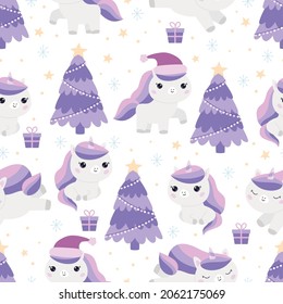 Childish seamless pattern with cute cartoon unicorns. Kawaii pony with gifts, Santa Clause hat and Christmas tree. Vector illustration for New Year celebrate.