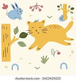 Childish Seamless Pattern With Cute cat rabbit plant for Fabric Wrapping Textile Wallpaper nursery wall decor