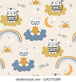 Childish seamless pattern with cute cats and bunny. vector background for kids ,fabric, textile, nursery decoration,wrapping paper