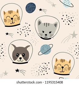 childish seamless pattern with cute cats astronauts.vector illustration for fabric,textile,wallpaper