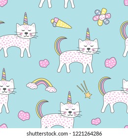 Childish seamless pattern with cute cats unicorn. Creative texture for fabric, textile.
