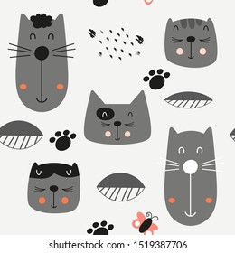 Childish seamless pattern with cute cats in Scandinavian style. Vector Illustration. Kids illustration for nursery design. Great for baby clothes, greeting card, wrapping paper.