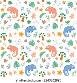 Childish seamless pattern with cute chameleon and jungle elements. Can be used for kids apparel, fabric, textile, and wrapping paper. Vector illustration background.