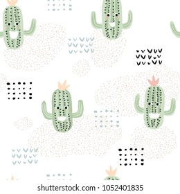 Childish seamless pattern with cute cheerful cactus. Cute green nature backdrop perfect for baby textile or wrapping paper