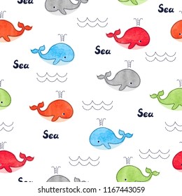 Childish seamless pattern with cute colorful whales.